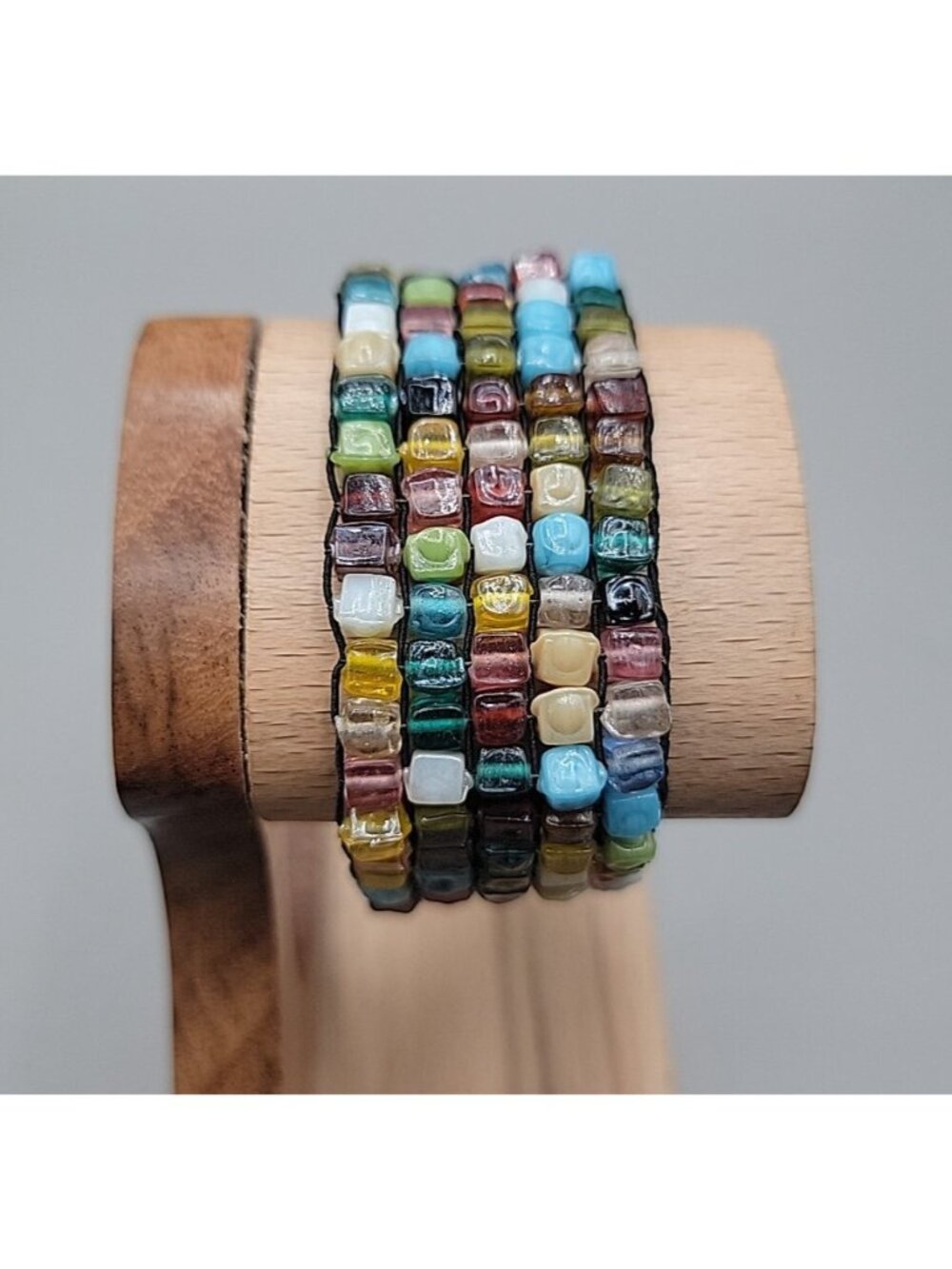 Multi Semi-Precious Gem Stone Glass Mosiac Stretch Bracelet Up To 8" Rough Cut